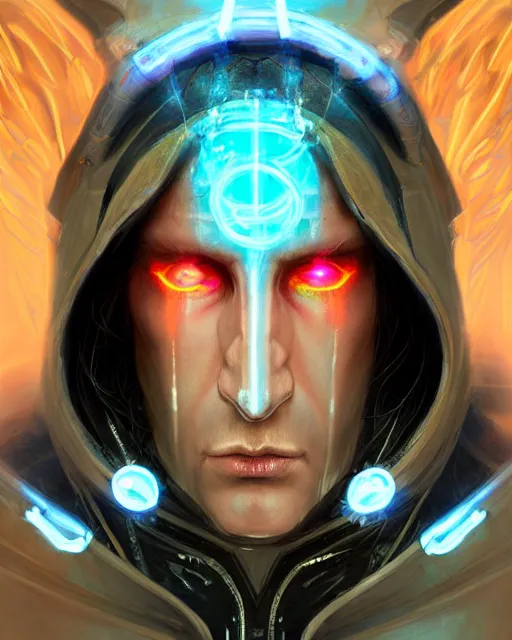 Prompt: incubus, male, neon opal robes, beautiful, cyberpunk, super detailed, very ornate, glow, by stjepan sejic, tom badshaw, greg rutkowski, realistic, symmetrical face, 8 k, sharp focus