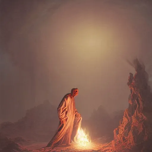 Image similar to a photographic portrait of a humanoid in robes with a halo standing in front of a tent holding a bowl of smoke!! by gustave dore and stephen hickman and allen williams, trending on artstation, cgsociety, 4 k hd, earthtone colors, skulls!! in the smoke, an open canvas tent in the background