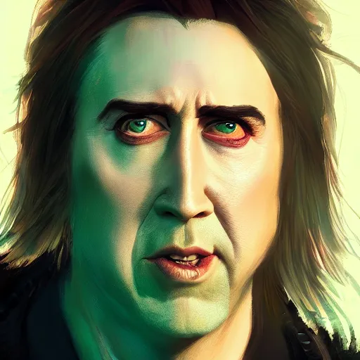 Prompt: portrait of nicholas cage as the goblin king, green skin, long sharp ears and nose, mattepainting concept blizzard pixar maya engine on stylized background splash comics global illumination lighting artstation, sharp focus, lois van baarle, ilya kuvshinov, rossdraws