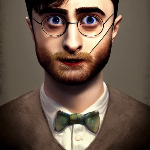 Image similar to mrpotatohead character mixed with daniel radcliffe, artgem, digital painting, color painting, hyperrealistic, concept art, oil painting, masterpiece, concept art, trending on deviantart, realistic and detailed face, highly detailed, high quality, 8 k, soft lighting, fancy colors, fantasy, cinematic, high coherence