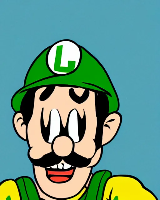 Prompt: a portrait of Luigi (nintendo) as a member of Gorillaz, full color illustration by Jamie Hewlett, flat shading, moustache, character design, concept art, 4k, promotional image