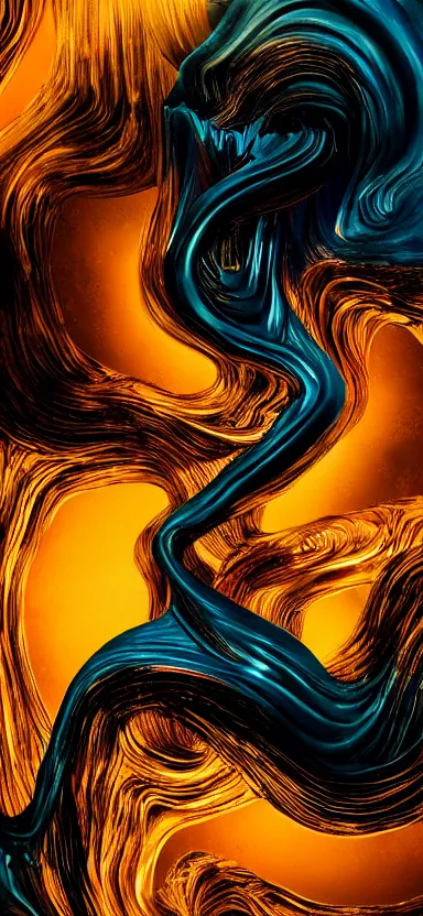 Image similar to epicillustration, abstract sculpture of beautiful female body and black swirling liquifying acrylic portrait, fluffy clouds, mechanical superstructure, glowing edges, golden hour, beautiful light, sculpture of carving marble, dark colors, dark mood, one point light, golden spirals, clockwork, epic matte painting, concept art, bokeh, digital painting