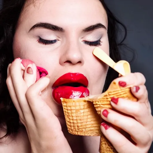 Prompt: a woman with red lipstick eating an ice cream cone extreme closeup