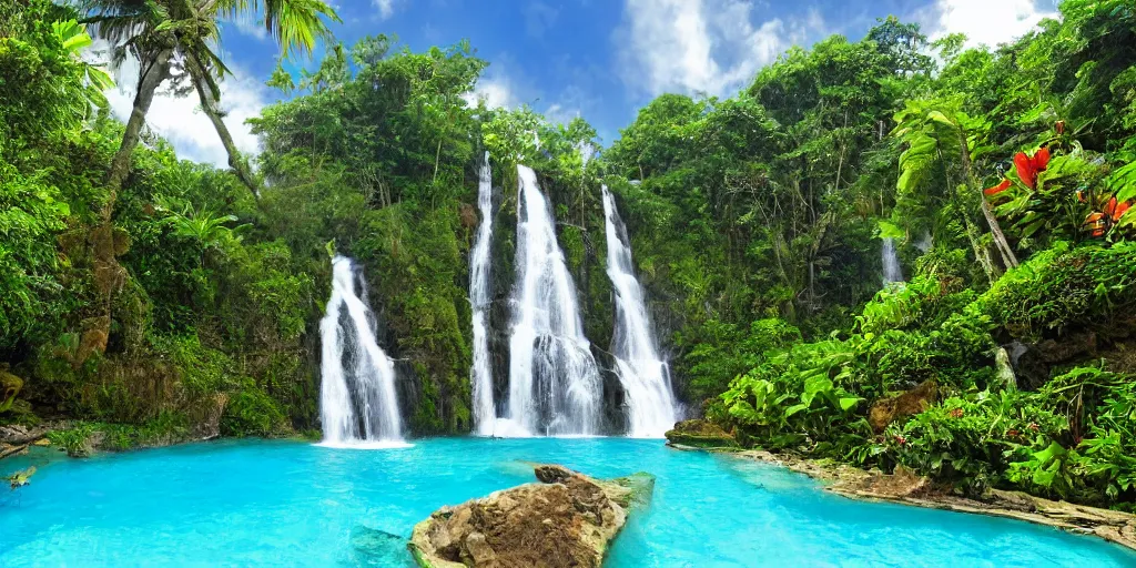 Prompt: of a tropical island with a majestic waterfall flowing into a clear pool of water.