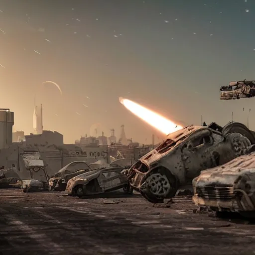 Image similar to machines and robot soldiers run on the horizon in a deserted street full of machines and wrecked cars. there are destroyed and abandoned buildings in the background. rockets take off on the horizon leaving this planet that has become uninhabitable, 4k, highly detailed, cinematic render