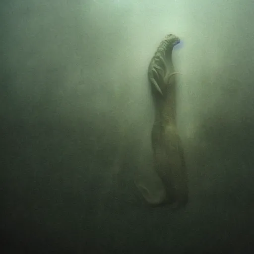 Image similar to sea monster about to eat pov underwater, pale skin, dark yellowish water, foggy water, dark, dramatic,'silent hill ', big eyes, alluring and terrifying, cinematic