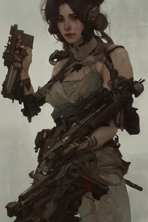 Image similar to A full portrait of a beautiful post apocalyptic heavy weapons expert, intricate, elegant, highly detailed, digital painting, artstation, concept art, smooth, sharp focus, illustration, art by Krenz Cushart and Artem Demura and alphonse mucha