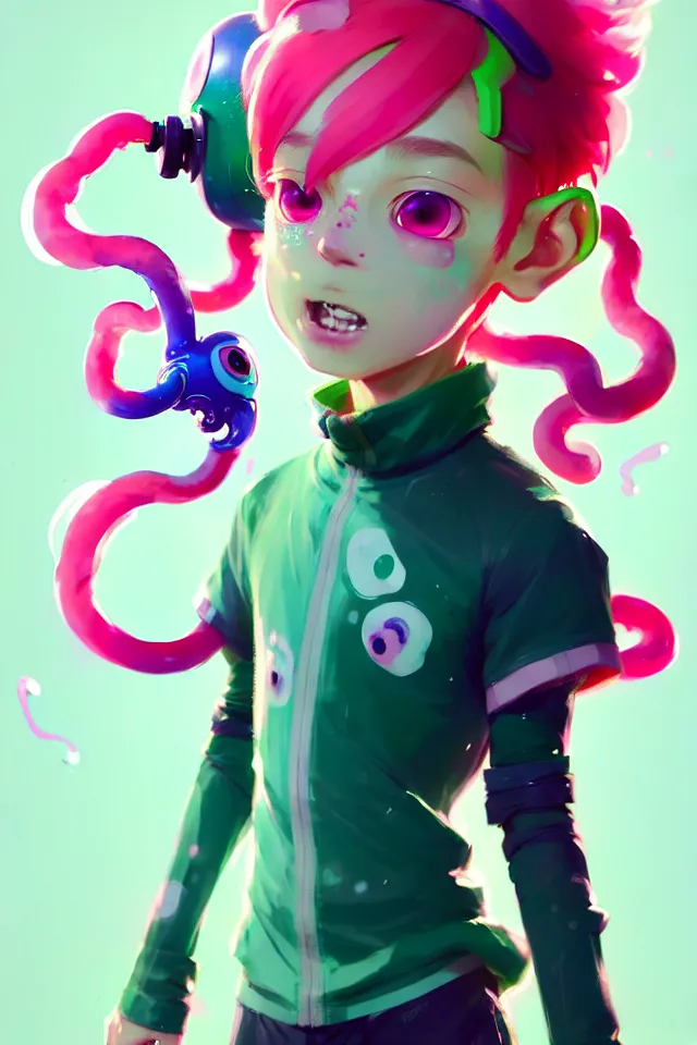 Image similar to a beautiful fullbody portrait of a cute splatoon anime boy with pink hair and green eyes wearing sports clothing tight leggings. character design by cory loftis, fenghua zhong, ryohei hase, ismail inceoglu and ruan jia. artstation, volumetric light, detailed, photorealistic, fantasy, rendered in octane