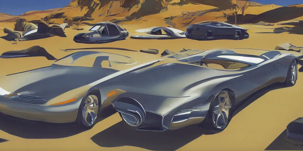 Image similar to art style by Ben Aronson and Edward Hopper and Syd Mead, wide shot view of some random alien planet, on ground level. Full view of a silver car designed by Henrik Fisker, Bruce Kaiserm and Jon Sibal.