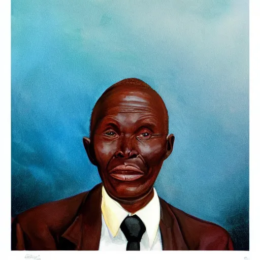 Prompt: a painting of a fatherly wide forehead, round face, XXL , loving, caring, generous, ever-present, humble, wise elder from Kenya in a suit by Wangechi Mutu . Fatherly/daddy, focused, loving, leader, relaxed, ethereal blue heavenly lights, details, smooth, sharp focus, illustration, realistic, cinematic, artstation, award winning, rgb , unreal engine, octane render, cinematic light, macro, depth of field, blur, red light and clouds from the back, highly detailed epic cinematic concept art CG render made in Maya, Blender and Photoshop, octane render, excellent composition, dynamic dramatic cinematic lighting, aesthetic, very inspirational, arthouse.