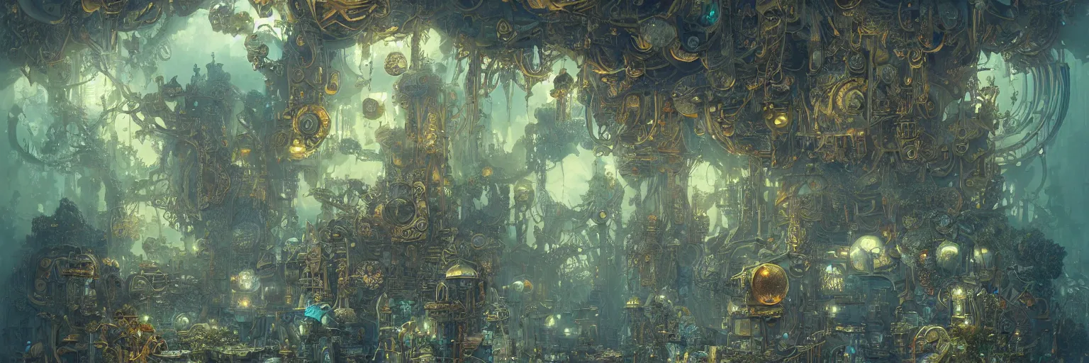 Image similar to Marc Simonetti, Mike Mignola, smooth polished metal with detailed line work, Mandelbulb flowers and trees, Exquisite detail, blue neon details, green neon details, white neon details, hyper detailed, intricate illustration, golden ratio, steampunk, smoke, neon lights, steampunk desert background, by peter mohrbacher