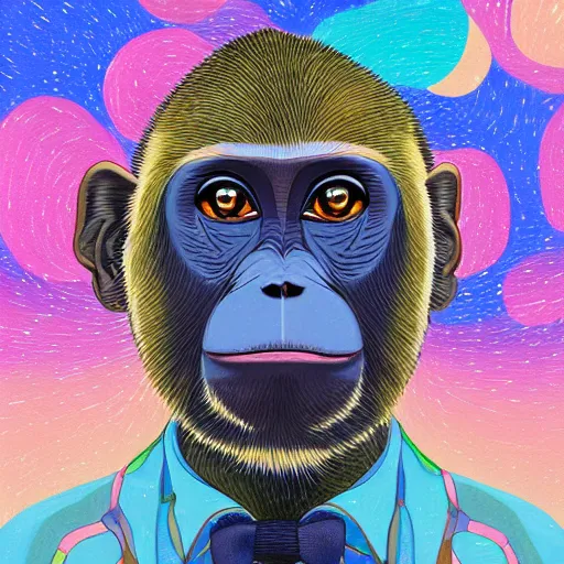 Prompt: a painting of a polygon art monkey portait seen from the front by inio asano, aya takano color style, 4 k, super detailed, night sky, digital art, digital painting, celestial, majestic, colorful, centred