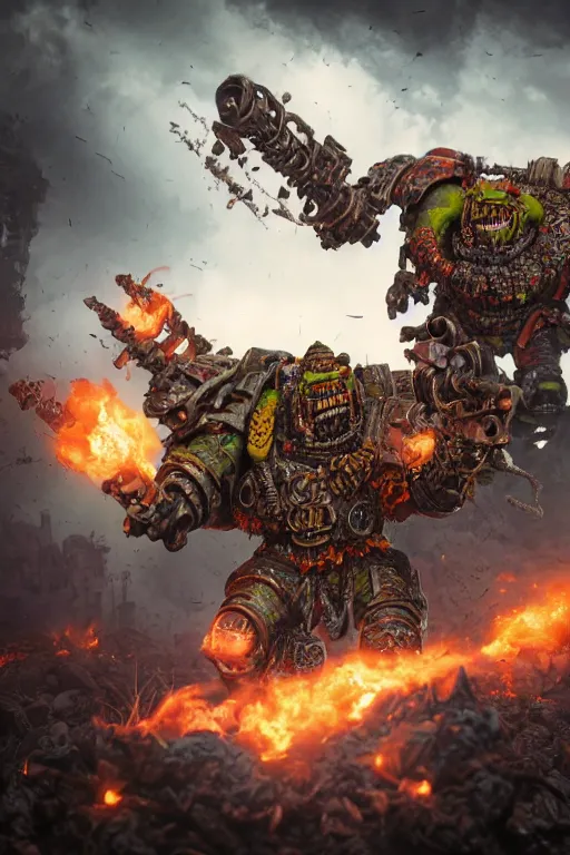 Image similar to a portrait of ork boyz, warhammer 4 0 k setting, dynamic pose, close - up, intricate details, intricately detailed clothing, intricate textures, warm lighting, vivid colors, smoke and mist, realistic octane render, hyper realistic render, volumetric shading, depth of field, raytracing, 8 k,