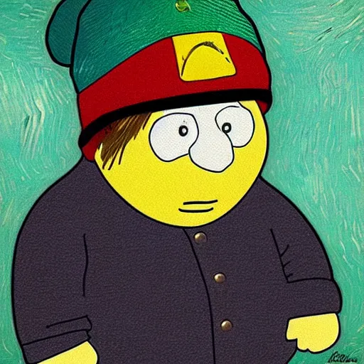 Prompt: an artistic portrait of eric cartman, high quality, studio photography, colorful, hero, heroic, beautiful, in the style of vincent van gogh