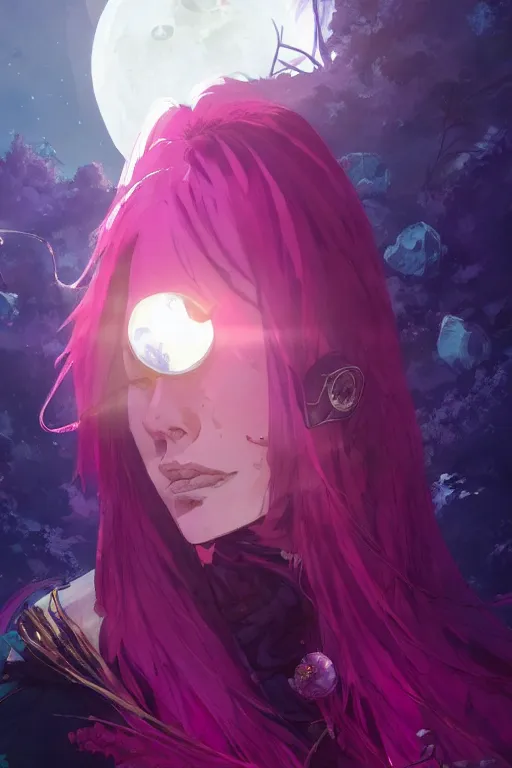 Image similar to A beautiful woman with magenta hair covering her face basking in the moonlight on an obsidian crystal bed below planets, tall tree, cinematic lighting, dramatic atmosphere, by Dustin Nguyen, Akihiko Yoshida, Greg Tocchini, Greg Rutkowski, Cliff Chiang, 4k resolution, trending on artstation
