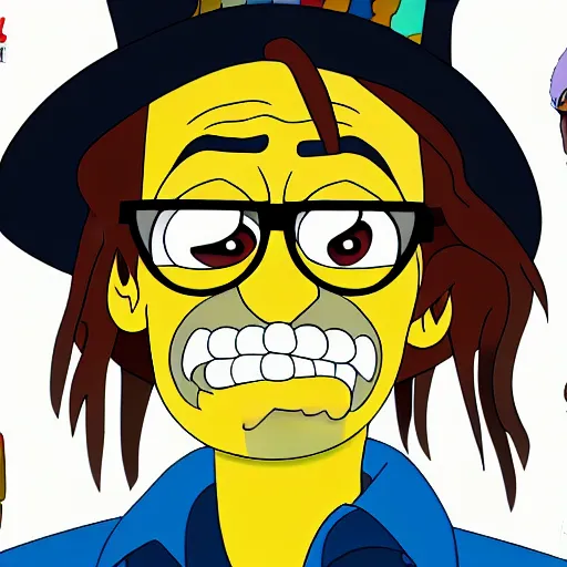Prompt: a still of johnny depp, animated in the style of the!!!!!!!! simpsons, yellow skin