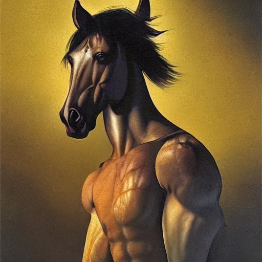 Prompt: ripped physique portrait horse-face Nightmarish Horse Man Warlock the Bobby Fischer camouflaged as a Pony wearing a yellow hoodie eyvind earle greg rutkowski edgar degas andrew wyeth giorgio de chirico