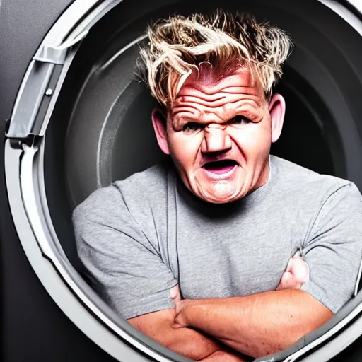 Image similar to photo of angry furious Gordon Ramsay poking his head out of a washing machine and shouting at the camera