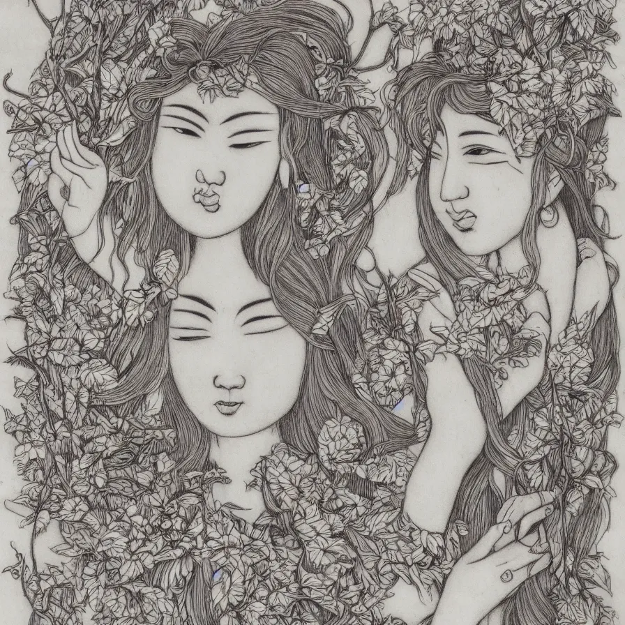 Prompt: east-asian female sunflower deity gray face pointy ears long beard with vines as hair hibiscus flowers detailed drawing