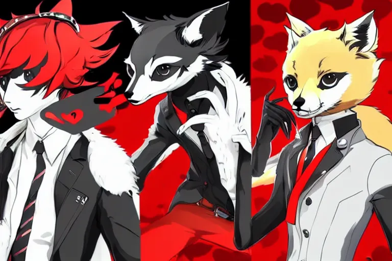 Image similar to a furry tan fox on a persona 5 : royal ( by atlus ) video game splash screen, a furry male sandcolored tan fox fursona ( has hair ), persona 5 phantom thief style