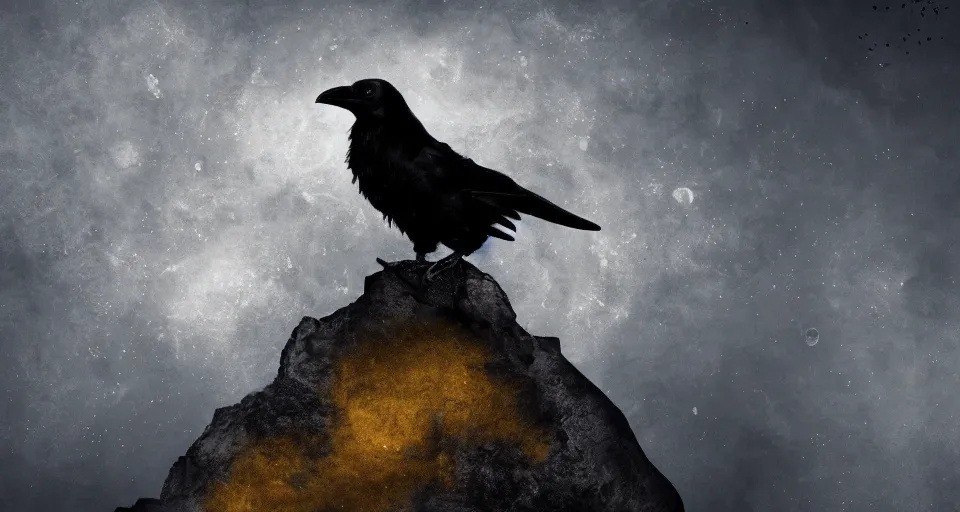 Prompt: fantasy wallpaper of a crow in moon shine, view from the top, black-golden color-theme, cinematic, stunning digital art, extremly high detail
