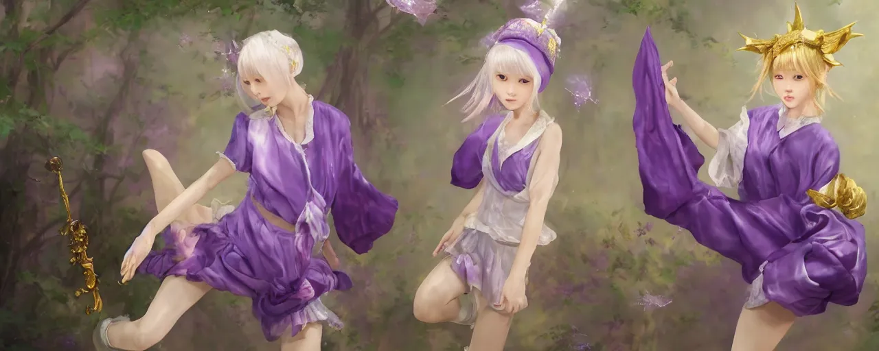 Prompt: Full View of a mysterious kpop fairy maidens with short blond hair wearing an oversized purple Beret, Baggy Purple overall shorts, Short Puffy pants made of silk, silk shoes, a big billowy scarf, Golden Ribbons, white leggings Covered in stars. Short Hair. peasant magic. masterpiece 4k digital illustration by Ruan Jia and Mandy Jurgens and Artgerm and william-adolphe bouguereau, award winning, Artstation, art nouveau aesthetic, Alphonse Mucha background, intricate details, realistic, panoramic view, Hyperdetailed, 8k resolution, intricate art nouveau