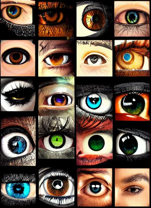 Image similar to grid montage of cube shaped eyes, square shaped black dilated pupils, cube shaped irises, detailed colored textures, eyelashes, advanced art, art styles mix, from wikipedia, wet reflections in square eyes, sunshine light, hd macro photograph, from side, various eyelid positions, square black pupil centered