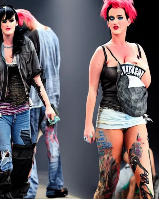 Prompt: Homeless Katy Perry walking the runway wearing tattered rags, grand theft auto san andreas