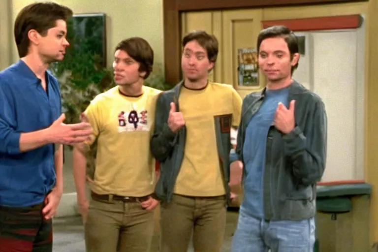 Image similar to topher grace in that 7 0 s show meeting tobey maguire and eminem, screencap, 4 k