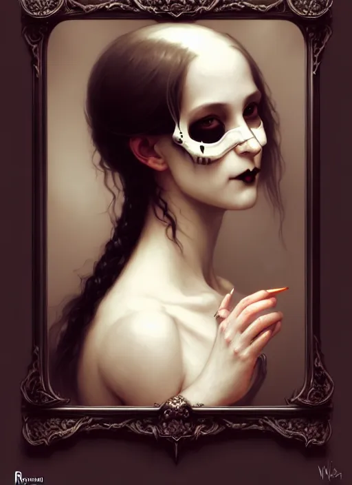 Image similar to character concept portrait of a gothic girl looking in a mirror with a skull reflection, victorian, intricate, elegant, digital painting, concept art, smooth, sharp focus, illustration, by Ruan Jia and Mandy Jurgens and William-Adolphe Bouguereau, Artgerm