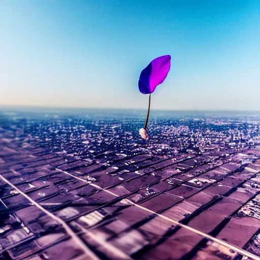 Image similar to closeup photo of 1 lone purple petal flying above a city, aerial view, shallow depth of field, cinematic, 8 0 mm, f 1. 8