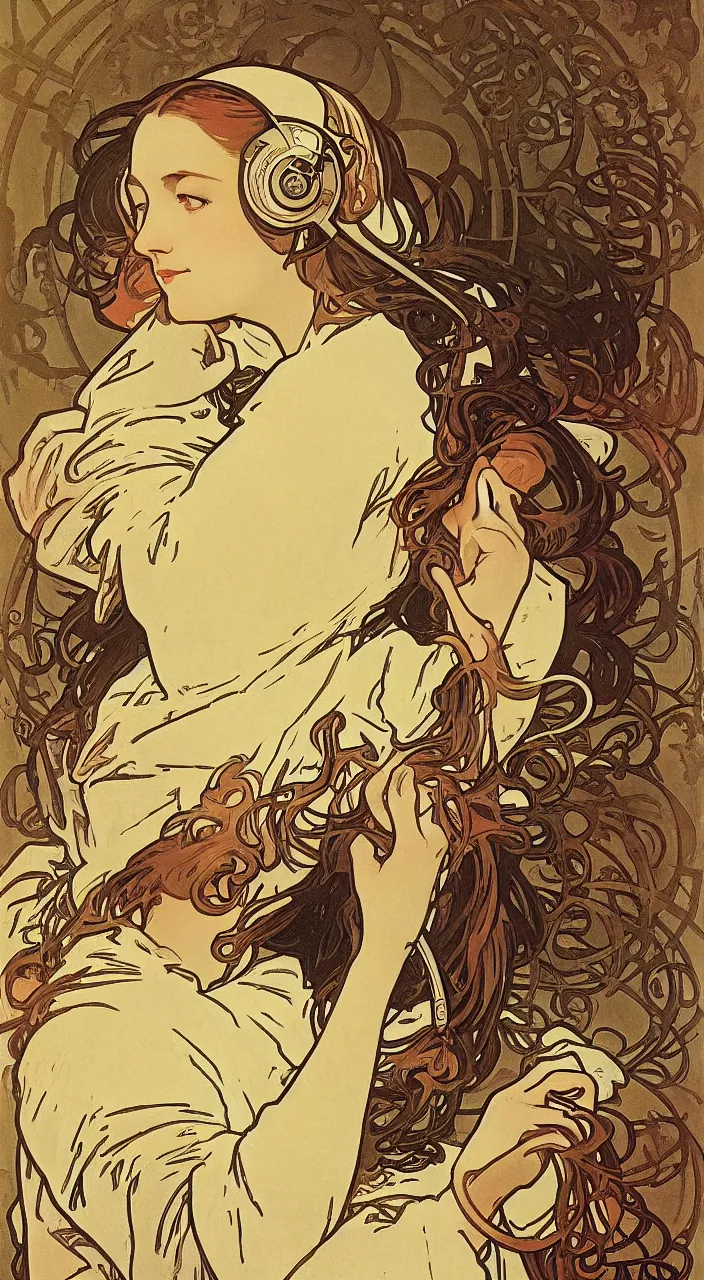 Prompt: early good morning, by alphonse mucha 1 8 9 6. pretty girl with big headphones and cozy hoodie, laptop, hot coffee, window, sunrise