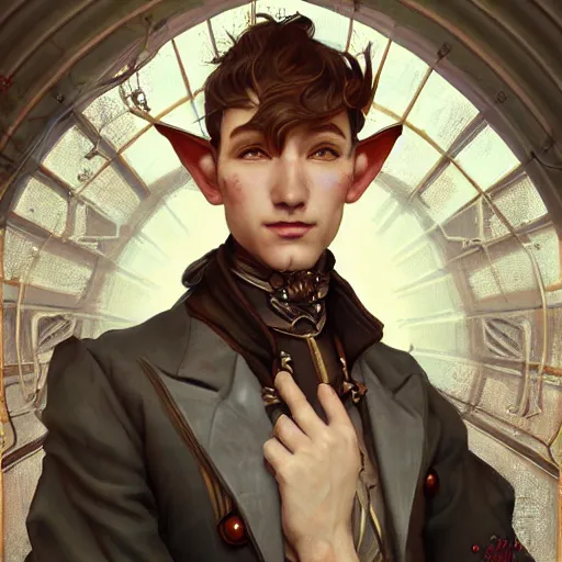 Image similar to Three quarters portrait of a elf gentleman steampunk, highly detailed, digital painting, art by Stanley Lau and Artgerm and magali villeneuve and Alphonse Mucha, artstation, octane render, cgsociety