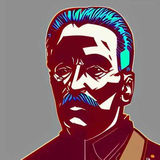 Image similar to cyberpunk joseph stalin as the leader of a futuristic communist society, cybernetics, sharp lines, digital, artstation, colored in