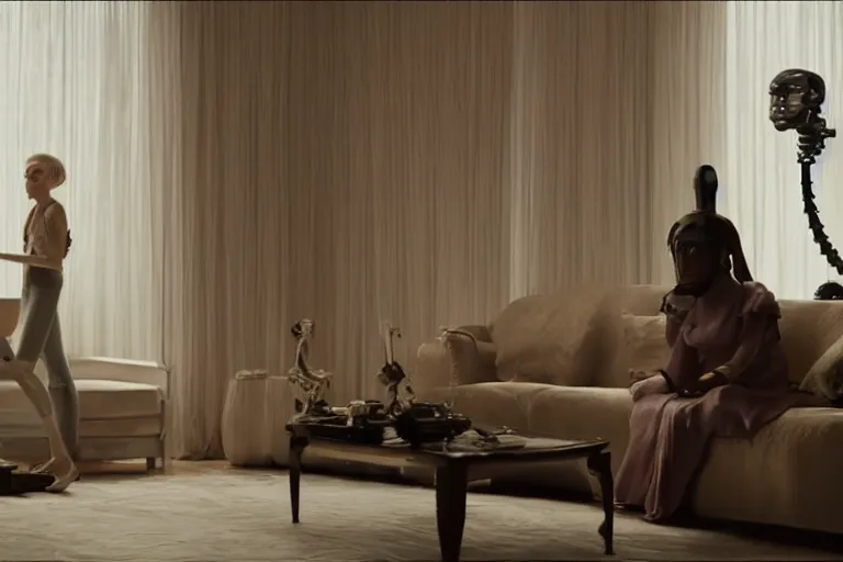 Image similar to VFX movie of old woman helping sleek futuristic robot in a decadent living room by Emmanuel Lubezki