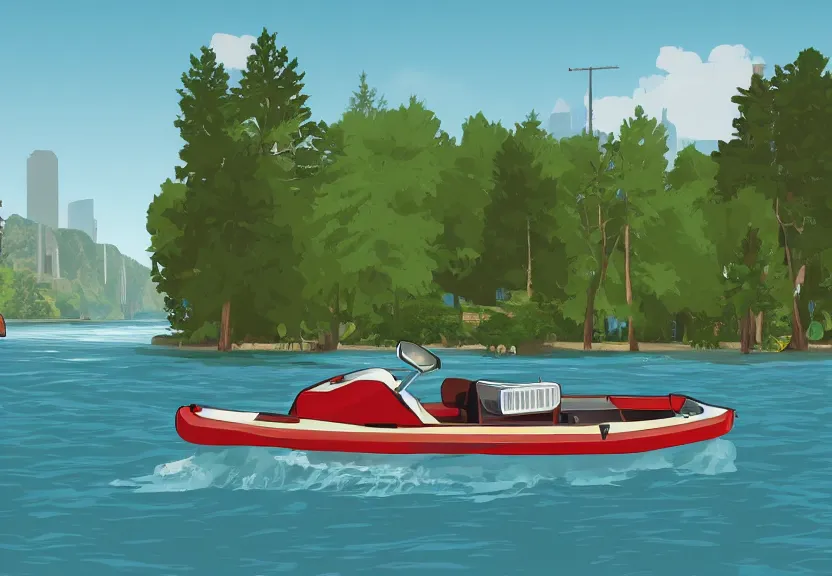 Image similar to A Grand Theft Auto styled illustration, extremely detailed featuring a river in Europe, surrounded by trees and fields. A dinghy is slowly moving through the water. Sun is shining.