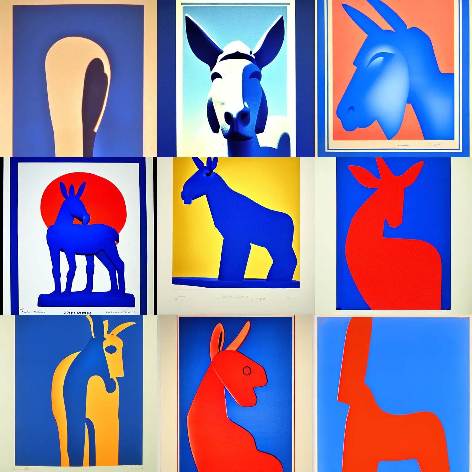 Prompt: duotone lithograph print of cycladic sculpture of a donkey, bold, solid colors, silhouette, iconic, ultramarine blue and red iron oxide