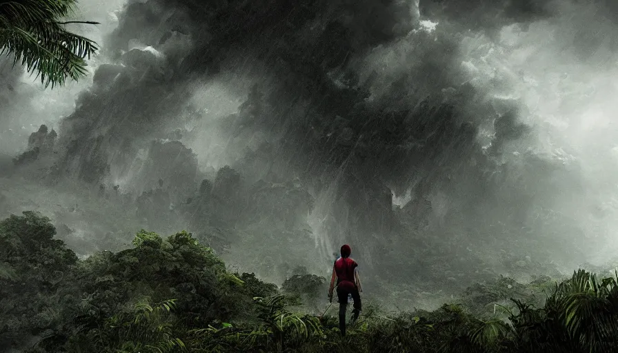 Image similar to survivor climbing a mountain in an hostile jungle during thunderstorm, black clouds, hyperdetailed, artstation, cgsociety, 8 k