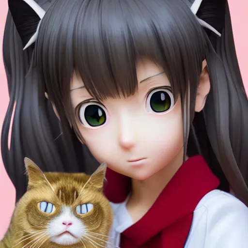 Image similar to Manga cover portrait of an extremely cute and adorable beautiful girl holding an extremely grumpy cat, 3d render diorama by Hayao Miyazaki, official Studio Ghibli still, color graflex macro photograph, Pixiv, DAZ Studio 3D