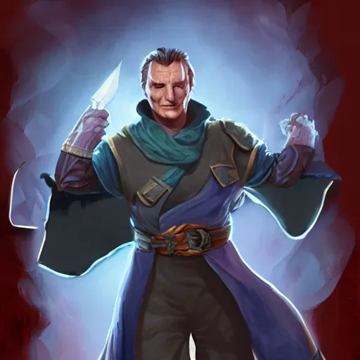 Prompt: Liam Neeson as Burl Gage, Antimage, iconic Character illustration by Wayne Reynolds for Paizo Pathfinder RPG
