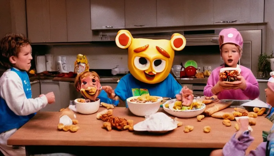 Prompt: 1 9 9 0 s candid 3 5 mm photo of a beautiful day in the family kitchen, cinematic lighting, cinematic look, golden hour, an absurd costumed mascot from the strange food giant face space club show is forcing the children to eat cereal, children are eating way too much cereal, kids are sad, uhd