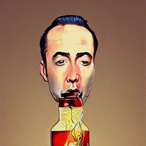 Image similar to Drinking from bottle Nicolas Cage in liquid form, Surrealism, Surreal drawing, Digital art, from artstation, art by Salvador Dali