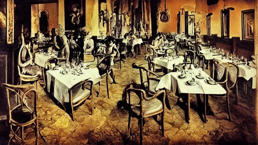 Image similar to the restaurant, pov 1 inch from the floor, photographed by Salvador Dalí