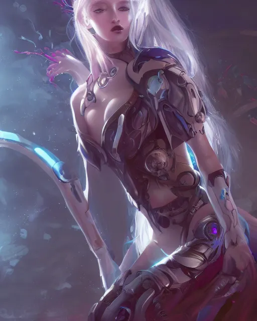 Image similar to holy cyborg necromancer girl, elegant, scifi, futuristic, utopia, garden, illustration, atmosphere, top lighting, blue eyes, white hair, focused, artstation, highly detailed, art by yuhong ding and chengwei pan and serafleur and ina wong