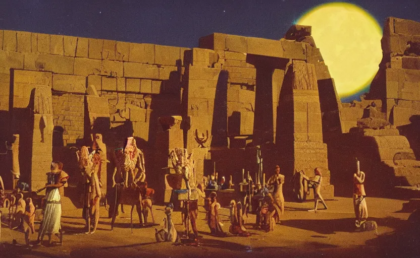 Image similar to a 1 9 5 0's technicolor cinematic scene of egyptian gods with animal heads, having a ceremony in a moonlit temple in karnak