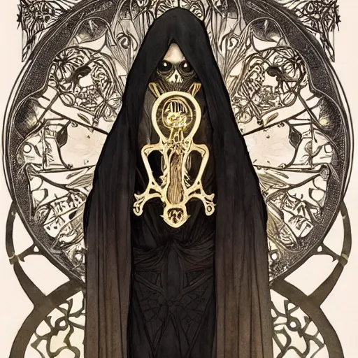 Image similar to a skeleton in a black cloak, highly detailed, very intricate, art nouveau, gold filigree, left right symmetry, tarot concept art watercolor illustration by mandy jurgens and alphonse mucha and alena aenami, featured on artstation