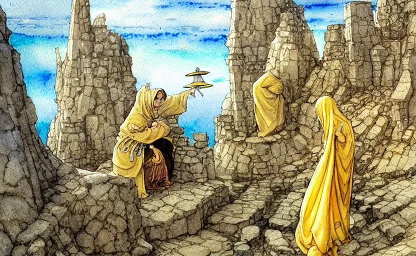 Image similar to a realistic and atmospheric watercolour fantasy concept art of a golden ufo landing on top of a megalithic ruin. female medieval monk in grey robes kneeling with her hands by her sides. by rebecca guay, michael kaluta, charles vess and jean moebius giraud