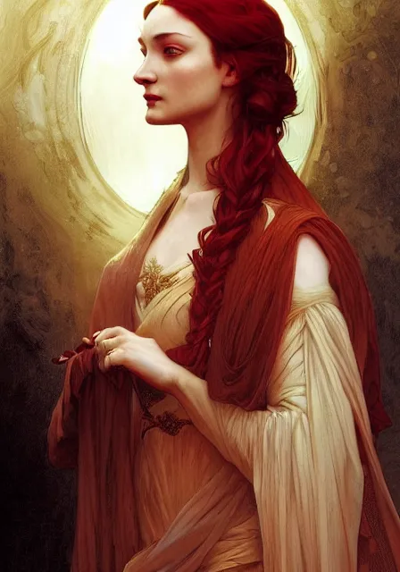 Image similar to portrait of red sansa stark, intricate, elegant, highly detailed, digital painting, artstation, concept art, smooth, sharp focus, illustration, art by artgerm and greg rutkowski and alphonse mucha and william - adolphe bouguereau