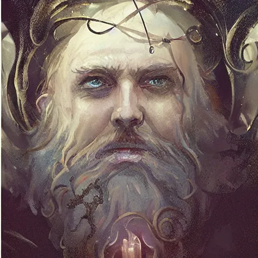 Image similar to A portrait of a cleric of Cthulu with short dark hair and a trimmed beard, as dark magic emanates from his necklace tentacles spur from the water, digital art by Ruan Jia