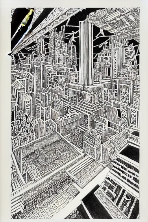 Prompt: a black and white drawing of a mayan temple cityscape, a detailed mixed media collage by hiroki tsukuda and eduardo paolozzi and moebius, intricate linework, sketchbook psychedelic doodle comic drawing, geometric, street art, polycount, deconstructivism, matte drawing, academic art, constructivism